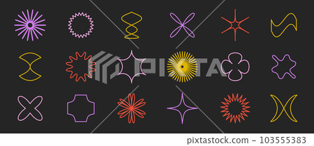 Outline stars, flowers, crosses shapes set. Primitive linear geometric forms collection in Swiss, bauhaus, Memphis style on dark background. Element for poster, banner, collage. Vector signs 103555383