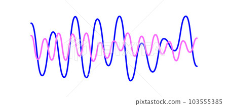 Blue and pink overlapping sound waves. Two sinusoid lines with different frequency and amplitude. Voice or music audio samples. Electronic radio signal graphics. Vector Blue and pink overlapping sound waves. Two sinusoid lines with different frequency and amplitude. Voice or music audio samples. Electronic radio signal graphics. Vector 103555385