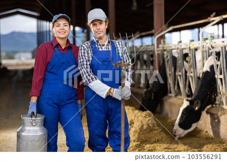 Farmers stand with can and rake at cow farm Farmers stand with can and rake at cow farm 103556291