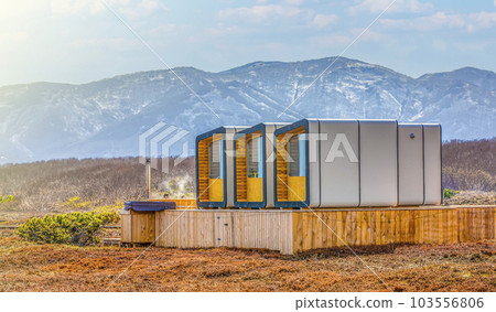 Glamping with romantic location for steaming hot tub warmed by fire wood on the Pacific Ocean on the Kamchatka Peninsula Glamping with romantic location for steaming hot tub warmed by fire wood on the Pacific Ocean on the Kamchatka Peninsula 103556806