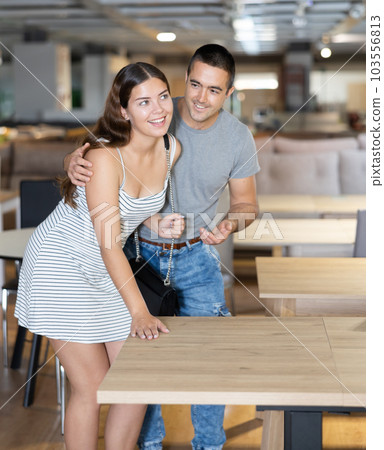 Happy couple looking for dining table in home furniture store 103556813