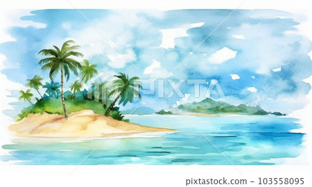 南島沙灘天空背景圖水彩畫 103558095