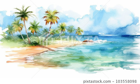 Watercolor painting of the background image of the beach and sky of the south island Watercolor painting of the background image of the beach and sky of the south island 103558098