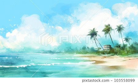 Watercolor painting of the background image of the beach and sky of the south island 103558099