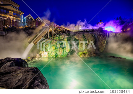 Kusatsu Onsen Yubatake in Spring, Kusatsu Town, Gunma Prefecture, Illuminated Kusatsu Onsen Yubatake in Spring, Kusatsu Town, Gunma Prefecture, Illuminated 103558484