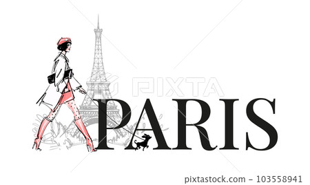 Stylish girl walks in Paris with a small dog. Trendy banner with copy space for text. A woman in a coat and high-heeled boots walks near the Eiffel Tower. Vector hand drawn illustration isolated on 103558941