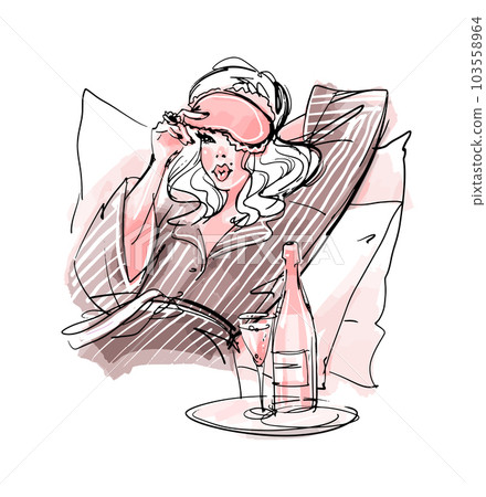 Beautiful blonde woman lies in bed with pillows in sleeping pajamas, sleep mask and champagne on a tray, fashion line sketch. Hand drawn vector illustration isolated on white background. Beautiful blonde woman lies in bed with pillows in sleeping pajamas, sleep mask and champagne on a tray, fashion line sketch. Hand drawn vector illustration isolated on white background. 103558964