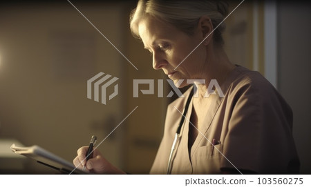 Nurse Female Caucasian Mature Taking notes on clipboard in Hospital. Generative AI AIG22. 103560275