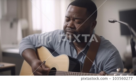 Music Therapist Male African-American Middle-Aged Using music to improve the physical, emotional, and mental health in Hospital room. Generative AI AIG22. 103560277