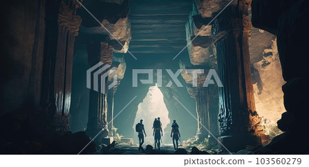 Close up movie still of a group of explorers finding ancient abandoned temple inside a huge cavern. Generative AI AIG16. Close up movie still of a group of explorers finding ancient abandoned temple inside a huge cavern. Generative AI AIG16. 103560279