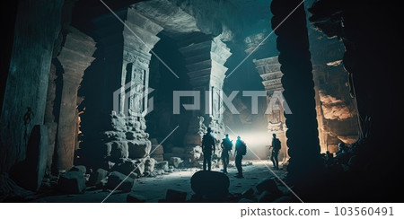 Close up movie still of a group of explorers finding ancient abandoned temple inside a huge cavern. Generative AI AIG16. 103560491