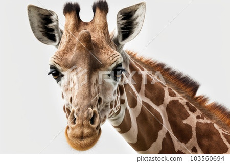 Close up of curious looking Giraffe in white background. Generative AI AIG16. 103560694