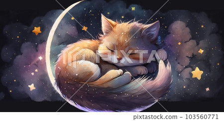 A cute and adorable kitten is sleeping under night sky between stars pillow 103560771