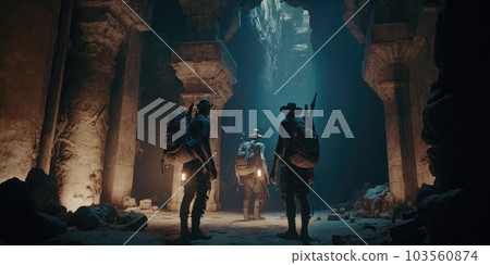 Close up movie still of a group of explorers finding ancient abandoned temple inside a huge cavern. Generative AI AIG16. Close up movie still of a group of explorers finding ancient abandoned temple inside a huge cavern. Generative AI AIG16. 103560874