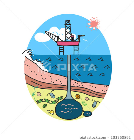 由古代浮游生物插圖材料製成的油田從海底鑽探的平台 103560891