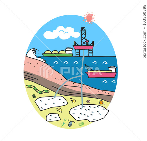 A platform and a large ship that mine methane hydrate made from ancient plankton from the seafloor Illus 103560898