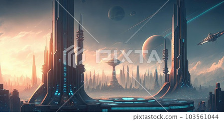 Cityscape of a futuristic sci fi city advanced technology cinematic. Generative AI AIG16. 103561044