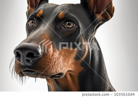 Close up of black-brown Doberman Pinscher dog in white background. Generative AI AIG16. 103561084