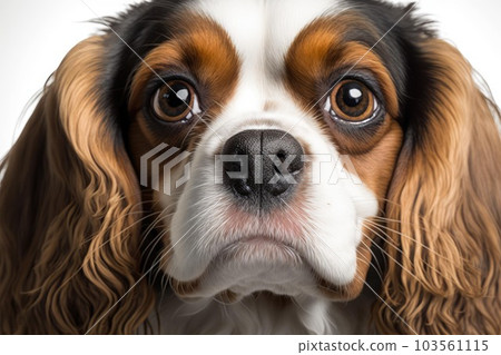 Close up of Cavalier King Charles Spaniel dog with white background very high quality. Generative AI AIG16 Close up of Cavalier King Charles Spaniel dog with white background very high quality. Generative AI AIG16 103561115