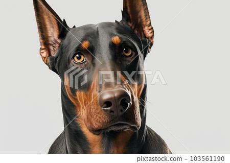 Close up of black-brown Doberman Pinscher dog in white background. Generative AI AIG16. 103561190