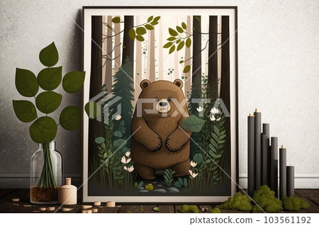 Brown bear in a forest super cute cartoon art style nordic style 103561192