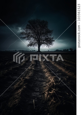 Dead big tree in a dry area the soil is cracked during and rain storm. AI 103561523