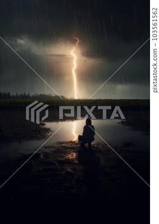 Girl and panoramic landscape due to drought and weather under rain AI 103561562