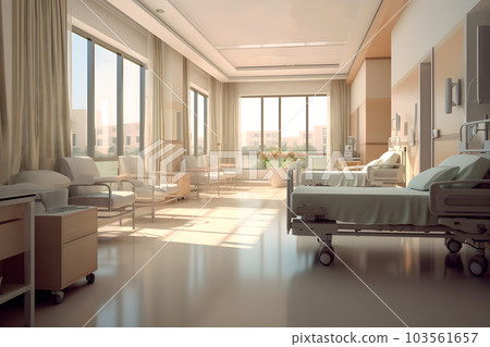 Interior of cozy and clean patient room with hospital bed and window, facilities in hospital, healtcare, insurance, wellness concept background. Generative AI 103561657