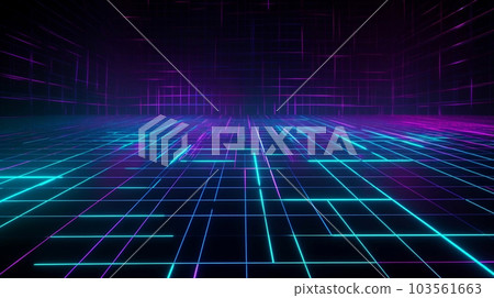 Cyan blue and purple grids neon glow light lines design on perspective floor, creativity, digital, internet, cyberpunk, virtual reality concept, hi-tech abstract backgroud. Generative AI 103561663