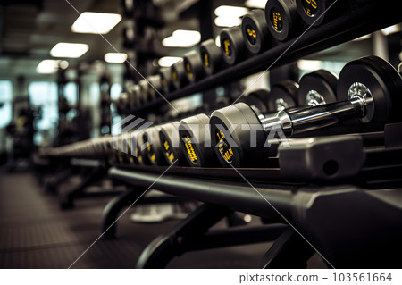 Dumbbells on dumbbell rack in the gym, fitness, weight training, health, bodybuilding concept, close up, no people. Generative AI 103561664