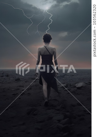 Woman and panoramic landscape due to drought and weather before rain AI 103562320