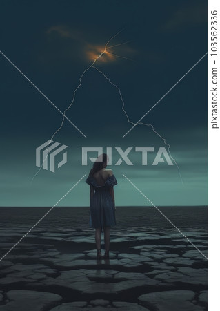 Girl and panoramic landscape due to drought and weather before rain AI 103562336