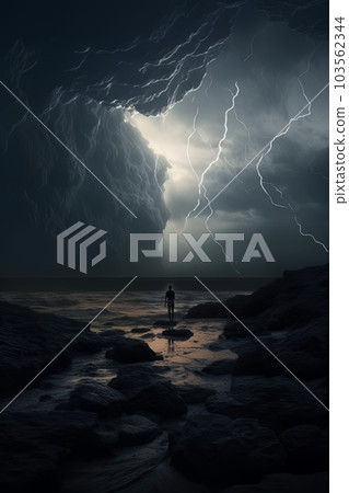 Man and panoramic sea landscape due to drought and weather under rain AI 103562344
