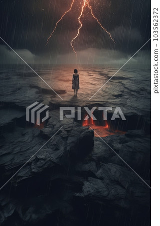 Girl and panoramic landscape due to drought and weather before rain AI 103562372