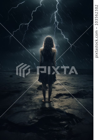 Girl and panoramic landscape due to drought and weather before rain AI Girl and panoramic landscape due to drought and weather before rain AI 103562382