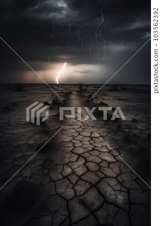 Cracked ground in stormy weather with dramatic sky AI 103562392