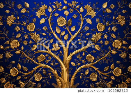 Blue wallpaper with golden tree abstraction for interior mural wall art decor. Ai Blue wallpaper with golden tree abstraction for interior mural wall art decor. Ai 103562813