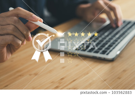 Business man point five stars survey rating icon for customer satisfaction scores. customer satisfaction concept. Business man point five stars survey rating icon for customer satisfaction scores. customer satisfaction concept. 103562883