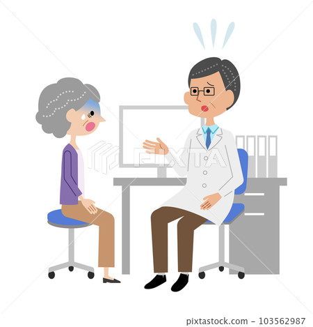 Senior woman shocked after receiving explanation from male doctor in examination room 103562987