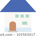 A simple house with a blue trapezoidal roof 103563017