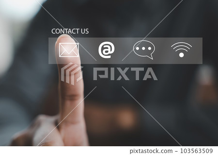 People connect through contact us or customer support hotline. finger touch to access contact icons email, address, live chat on virtual screen. Internet wifi represents digital communication. Banner People connect through contact us or customer support hotline. finger touch to access contact icons email, address, live chat on virtual screen. Internet wifi represents digital communication. Banner 103563509
