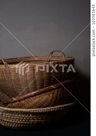 Farmer's baskets and colanders stacked Farmer's baskets and colanders stacked 103563648