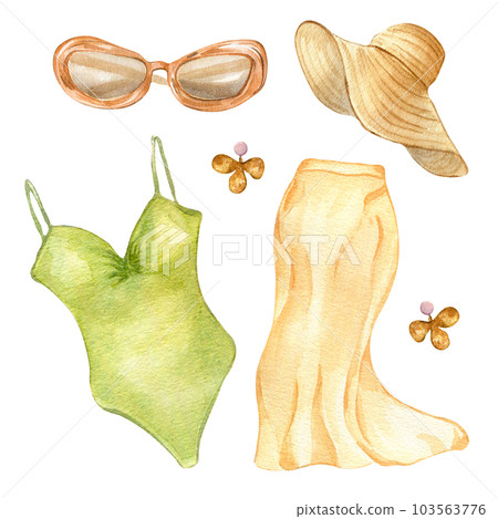Set of woman's summer clothes watercolor illustration isolated on white. Beach style of swimsuits, straw hat and skirt hand drawn. Design for shop, sale, magazine, packaging, showcase, pattern 103563776