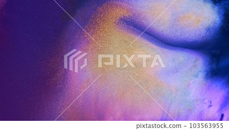 Bright lilac gold fluid abstract backdrop. Neon pink purple paint flow. Shiny gold particles in blue. Bright color art. Liquid backdrop. Watercolor move pattern texture. Colorful artwork 103563955