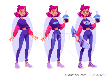 Hipster girl stand character with coffee and skate 103564236