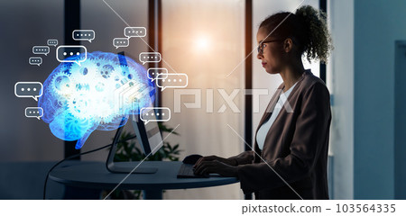 Foreign engineer using PC in office and interactive AI image 103564335