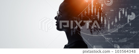 Thinking woman and statistical data image Horizontal visual for banners and advertisements Thinking woman and statistical data image Horizontal visual for banners and advertisements 103564348