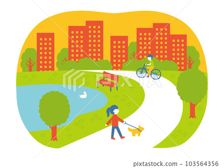 People strolling in the park and townscape SDGs 11 Creating a city where people can continue to live People strolling in the park and townscape SDGs 11 Creating a city where people can continue to live 103564356