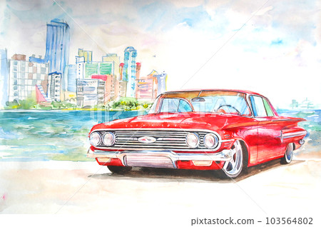 Watercolor retro red car on landscape background Watercolor retro red car on landscape background 103564802