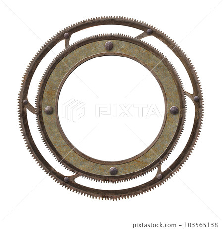Metallic round frame with vintage metal details, gear and retro rivets. Isolated on white background. Can be used for steampunk and mechanical design Metallic round frame with vintage metal details, gear and retro rivets. Isolated on white background. Can be used for steampunk and mechanical design 103565138